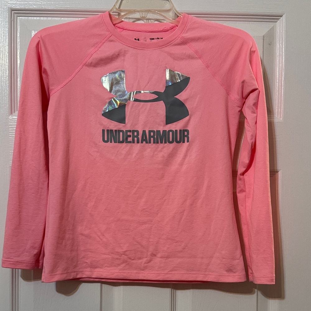Under Armour Kids Pink Coral Long Sleeve Heat Gear Tee. Youth Medium